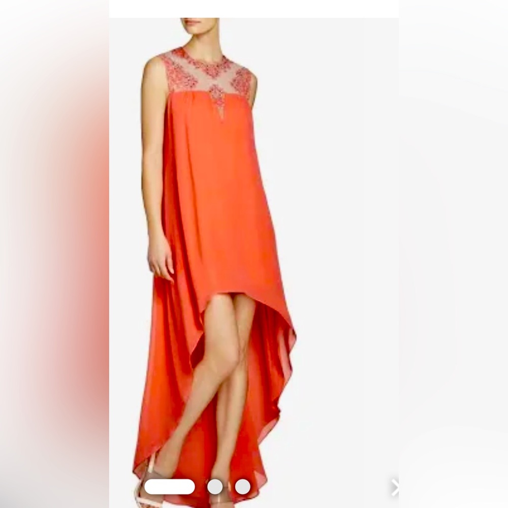 BCBGMAXAZRIA NWT PINK CORAL PALM EMBELLISHED ASYMMETRICAL GOWN SILK SIZE XS